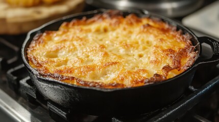 American-style macaroni and cheese, creamy and baked with a golden crust, served in a cast iron skillet