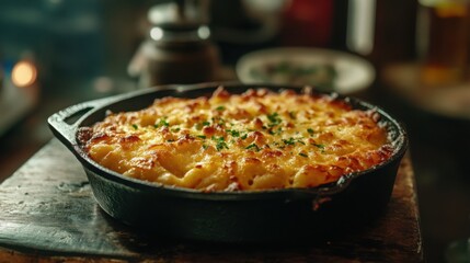 American-style macaroni and cheese, creamy and baked with a golden crust, served in a cast iron skillet