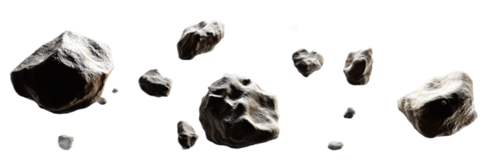 Digital illustration of celestial scene. Light gray background features numerous small white stars in dark gray space. Three large dark gray rocks with curved edges, positioned at different angles.