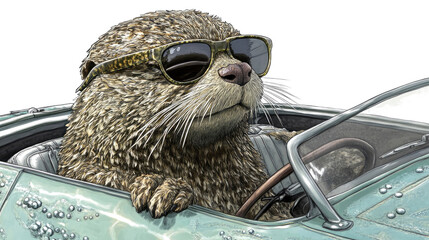 Adventurous Otter in Sunglasses Enjoying a Summer Drive Generative AI