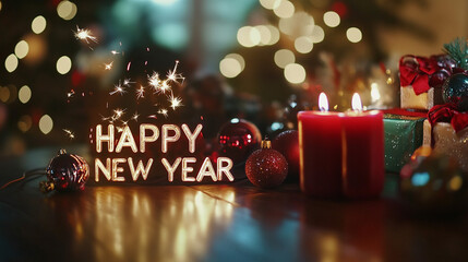 Happy New Year Celebration with Candles  Ornaments  and Sparklers