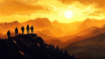 Fototapeta premium Silhouette of five hikers standing on a mountain ridge, watching a fiery sunset over a mountain range.