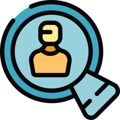 Magnifying glass focusing on a person icon representing recruitment process, candidate selection or headhunting