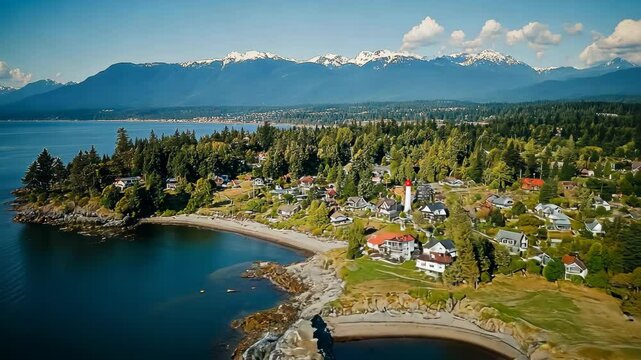 An aerial view of a small coastal town nestled between the ocean and snow-capped mountains