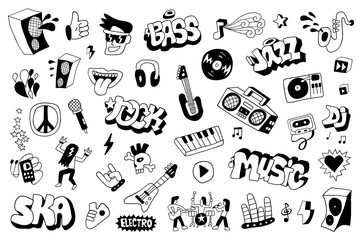 music style vector doodle set , isolated hand drawn design elements characters,objects and symbols