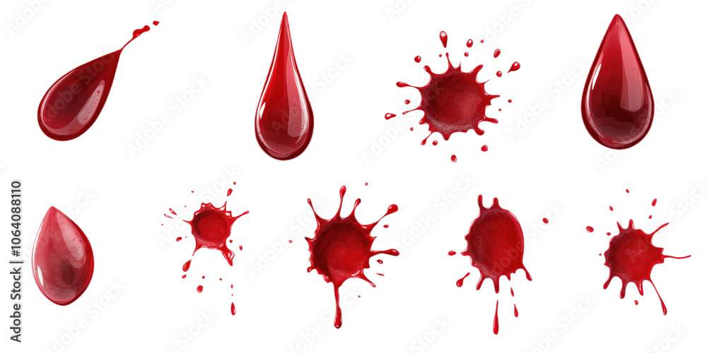 Poster Red droplets scattered across gray background. Eight blood drops vary in size and orientation. Random splatter creates visual impact. Red liquid splashing on isolated transparent background.