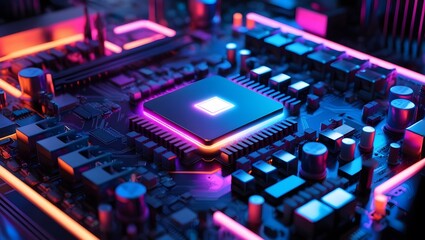 Advanced Processor Chip on Glowing Circuit Board with Neon Lighting – Digital Tech, AI, and Computing Power Concept.