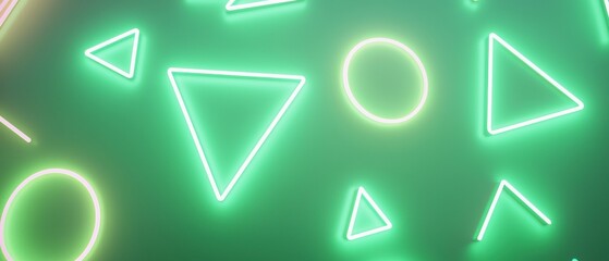 A neon sign with a green background and a variety of shapes including triangles