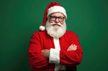 Naklejka premium Santa Claus stands sideways with his arms crossed on a green background. Good Santa in glasses.