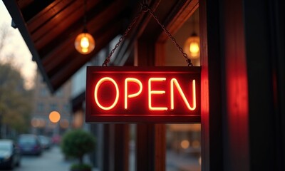A glowing neon "OPEN" sign hangs in a store window, inviting customers in during the evening, with warm lights creating a cozy atmosphere