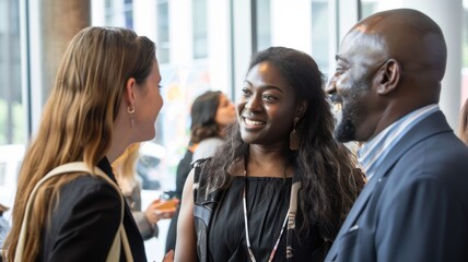 Professional networking event with diverse group engaged in conversation