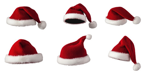 Christmas collection with six distinct designs, red, white, striped patterns. Pointed, flat caps, festive, merry, cheerful holiday decor. Isolated, transparent, PNG image for design, print, web.