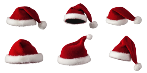 Christmas collection with six distinct designs, red, white, striped patterns. Pointed, flat caps, festive, merry, cheerful holiday decor. Isolated, transparent, PNG image for design, print, web.