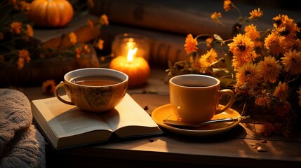 Fototapeta premium Warm autumn setup with tea, candlelight, pumpkins, and a book on a rustic wooden surface.