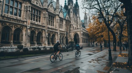 Fototapeta premium Cyclist riding past a historic building in a European city