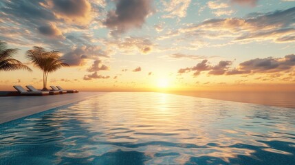 Fototapeta premium A scenic view of a luxury infinity pool with lounge chairs on a tropical beach during sunset.