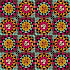 Pattern with crochet granny square with flowers wallpaper handmade decorative art design print	