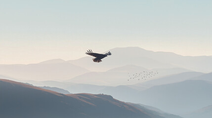 Naklejka premium Eagle Soaring Above Mountain Ridges with Birds in Flight