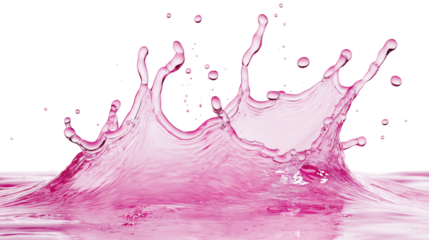 Vibrant pink water droplet suspended in mid-air with small bubbles. isolated transparent background provides contrast to pink liquid. Close-up view of water droplet with curved shape. Alpha mask.