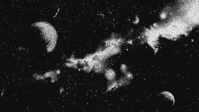 Vintage stippled background of deep space with stars and planets. Milky way, galaxy, nebula in abstract experimental pointillism style. Vector illustration in retro grainy grunge texture