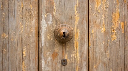 Fototapeta premium A close-up shot of a weathered wooden door with a keyhole and a round doorknob.