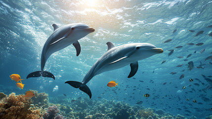 Fototapeta premium Dolphins Swimming Near Coral Reef with Schools of Fish