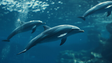 Obraz premium Dolphins Swimming Near Coral Reef with Schools of Fish