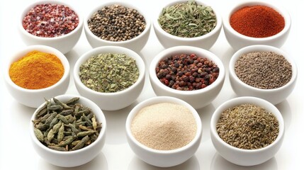 A variety of natural spices and seasonings, perfect for culinary themes.