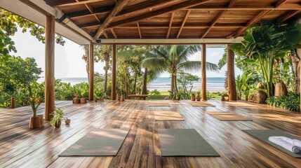 A wooden yoga studio with ocean views.