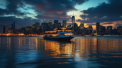 Fototapeta premium A boat sails past the illuminated skyline of New York City at sunset. The water is calm and reflects the city lights.