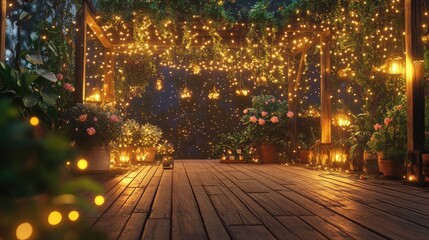 A romantic, outdoor setting with twinkling lights and lush greenery.