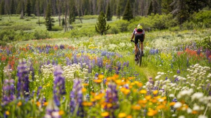 Cyclist riding through a meadow filled with wildflowers