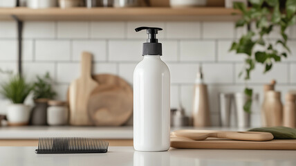Simple and elegant mockup a white lotion bottle and a wooden hairbrush. beauty or wellness products.