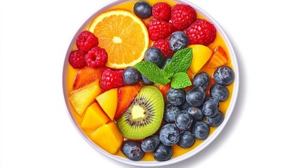 Bowl of fresh smoothie topped with assorted fruits, isolated on white.