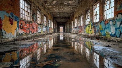 Fototapeta premium Abandoned Building Hallway with Graffiti and Water Reflections