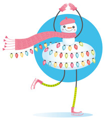 Illustration d'un joli bonhomme de neige qui fait du patin à glace en dansant, le personnage a un grand sourire et porte écharpe, bonnet, gants d'hiver et une guirlande lumineuse de Noël.