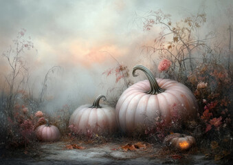 Pastel Pink Pumpkins in Frosty Autumn Landscape with Soft Sunrise Colors