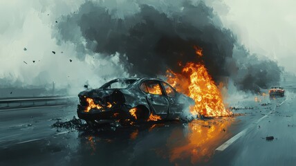 Accident with burning vehicle on a highway created with Generative AI