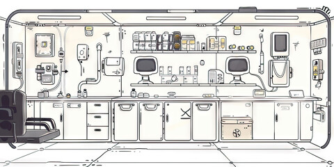 First aid station, with an assortment of bandages and medical supplies organized in neat rows.