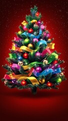 Vibrant Colorful Christmas Tree A festive Christmas tree adorned with colorful ornaments and ribbons against a red background.
