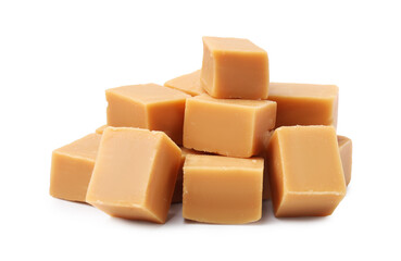 Tasty sweet caramel candies isolated on white
