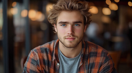 Obraz premium Handsome Young Man with Blue Eyes in Plaid Shirt