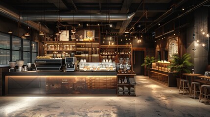 Dark-themed loft cafe interior with an open layout, displaying various coffee choices and providing a cozy atmosphere for enjoying a coffee shop setting