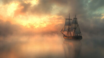Obraz premium A lone sailing ship navigates through a dense fog on a calm sea, bathed in the warm glow of the setting sun. The clouds above are ablaze with color, creating a dramatic and ethereal scene.