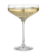 Pouring champagne into glass isolated on white