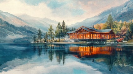 Obraz premium A rustic wooden cabin with a large window sits on a lake shore surrounded by trees and mountains in a watercolor painting style.