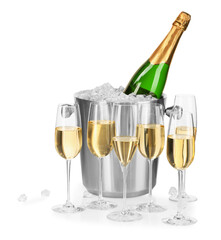 Champagne and bucket with ice isolated on white