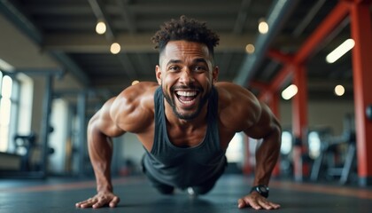 Fototapeta premium A fit man is doing push-ups in a gym, showcasing his muscular physique and vibrant smile, conveying a sense of enthusiasm and dedication to fitness