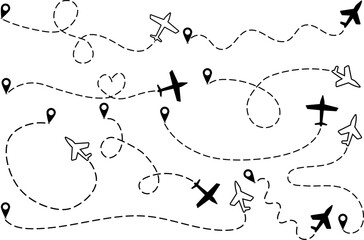 Airplane dotted route line set. Path travel line shapes. Flight route with start point and dash line trace for plane