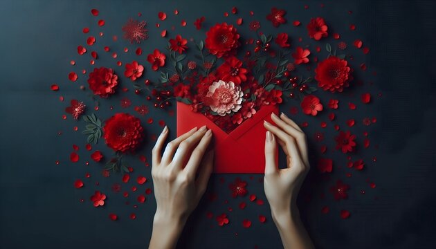 A woman's hands holding a red envelope surrounded by red flowers on a dark background